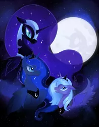 Size: 759x966 | Tagged: safe, artist:artghst, derpibooru import, nightmare moon, princess luna, alicorn, pony, bust, ethereal mane, female, folded wings, helmet, image, lunar trinity, mare, mare in the moon, moon, multeity, png, s1 luna, smiling, space, spread wings, stars, three luna moon, three wolf moon, trio, wings