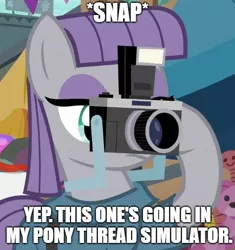 Size: 500x532 | Tagged: camera, cringe compilation, cropped, derpibooru import, edit, edited screencap, exploitable meme, image macro, maud pie, meme, pony thread simulator, safe, screencap, solo, the gift of the maud pie