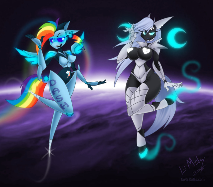 Size: 1280x1122 | Tagged: questionable, artist:lil miss jay, derpibooru import, rainbow dash, oc, oc:silver twirl, anthro, robot, unguligrade anthro, breasts, duo, duo female, female, females only, flirting, floating wings, glowing eyes, gynoid, harmony spark, heart areola, lidded eyes, nipples, nudity, open mouth, orbit, smiling, smirk, space