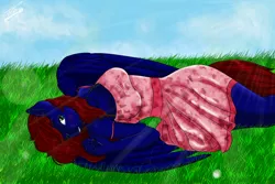 Size: 1200x800 | Tagged: anthro, artist:keitunore, blushing, bra strap, breasts, clothes, derpibooru import, dress, female, grass, lying down, mare, oc, oc:night coder, one eye closed, pegasus, safe, smiling, solo, strap slip, sundress, sun ray, unofficial characters only, wings, ych result