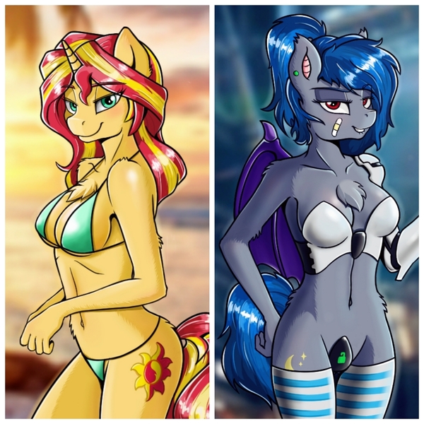 Size: 1500x1500 | Tagged: suggestive, artist:z-y-c, derpibooru import, sunset shimmer, oc, anthro, bat pony, unicorn, absolute cleavage, amputee, anthro oc, bandage, bat pony oc, bdsm, bikini, breasts, chastity, chest fluff, cleavage, clothes, devil horn (gesture), digital art, duo, duo female, ear piercing, female, lidded eyes, lip bite, looking at you, maebari, mare, piercing, prosthetic limb, prosthetics, seductive pose, skimpy outfit, smiling, socks, striped socks, sultry pose, swimsuit, thigh highs