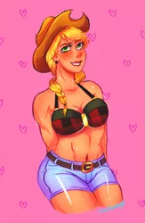 Size: 1033x1581 | Tagged: abs, applejack, artist:cosmicponye, belly, belly button, belt, bra, breasts, busty applejack, cleavage, clothes, cowboy hat, derpibooru import, female, freckles, hands behind back, hat, heart, human, humanized, looking at you, midriff, muscles, safe, shorts, signature, simple background, smiling, solo, stetson, underwear