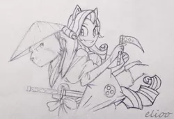 Size: 640x438 | Tagged: safe, artist:elioo, derpibooru import, rarity, equestria girls, conical hat, crossover, crossover shipping, female, hat, male, miyamoto usagi, monochrome, ponied up, shipping, straight, traditional art, usagi yojimbo