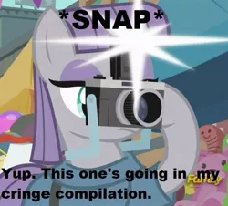 Size: 671x606 | Tagged: camera, camera flashes, cringe compilation, cropped, derpibooru import, dialogue, edit, edited screencap, exploitable meme, female, image macro, maud pie, meme, safe, screencap, solo, the gift of the maud pie