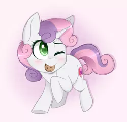 Size: 1457x1396 | Tagged: safe, artist:higgly-chan, derpibooru import, sweetie belle, pony, unicorn, blushing, cookie, cute, daaaaaaaaaaaw, diasweetes, female, filly, food, hnnng, mouth hold, one eye closed, simple background, smiling, solo, thief, tumblr, weapons-grade cute, white background, wink