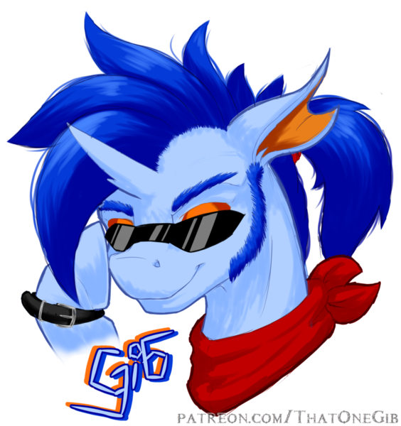 Size: 900x957 | Tagged: artist:thatonegib, bandana, belt, belt buckle, changedling, changedling oc, changeling, derpibooru import, hoofband, looking at you, oc, oc:gib, patreon, patreon link, ponytail, safe, signature, simple background, solo, sunglasses, transparent background, wristband