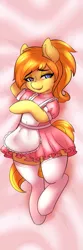 Size: 409x1228 | Tagged: safe, artist:fatcakes, derpibooru import, oc, oc:creme, unofficial characters only, earth pony, pony, apron, clothes, cute, female, looking at you, lying, maid, socks, solo
