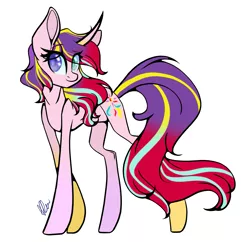 Size: 1897x1836 | Tagged: safe, artist:donnie-moon, derpibooru import, starlight glimmer, sunset shimmer, pony, unicorn, colored pupils, curved horn, female, fusion, heterochromia, horn, looking at you, mare, simple background, solo, white background