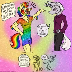 Size: 1100x1097 | Tagged: safe, artist:kaemantis, deleted from derpibooru, derpibooru import, dandy grandeur, zesty gourmand, anthro, mule, unicorn, comic:junior gala, brother and sister, clothes, duo, dyed facial hair, dyed hair, dyed tail, facial hair, female, gay pride, gradient background, june, male, moustache, muleicorn, pride, pride month, rainbow, rainbow hair, shirt, sideburns