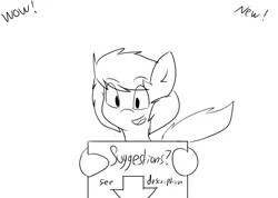 Size: 3515x2496 | Tagged: safe, artist:exxie, derpibooru import, oc, unofficial characters only, earth pony, pony, arrow, black and white, grayscale, happy, monochrome, request, sign, simple background, sketch, suggestion, white background