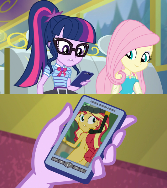 Size: 1280x1440 | Tagged: questionable, artist:legendaryspider, derpibooru import, edit, edited screencap, screencap, fluttershy, sci-twi, sunset shimmer, twilight sparkle, equestria girls, equestria girls series, road trippin, unsolved selfie mysteries, ass, bunset shimmer, bus, casual nudity, diving goggles, female, goggles, lesbian, lip bite, looking back, mobile phone, nude edit, nudity, phone, practitioner of naturism, scitwishimmer, scuba mask, shipping, smartphone, snorkel, sunsetsparkle