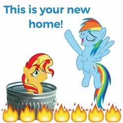 Size: 1275x1275 | Tagged: abuse, background pony strikes again, crying, derpibooru import, downvote bait, fiery shimmer, fire, op isn't even trying anymore, rainbow dash, semi-grimdark, shimmerbuse, simple background, sunset shimmer, sunset shimmer's trash can, this will end in fire, trash can, walking campfire, white background