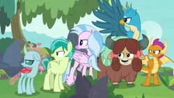 Size: 1280x720 | Tagged: safe, derpibooru import, screencap, gallus, ocellus, sandbar, silverstream, smolder, yona, changedling, changeling, classical hippogriff, dragon, gryphon, hippogriff, pony, yak, non-compete clause, angry, cloven hooves, dragoness, female, flying, gallus is not amused, looking back, male, monkey swings, ocellus is not amused, sandbar is not amused, silverstream is not amused, smolder is not amused, student six, teenager, yona is not amused