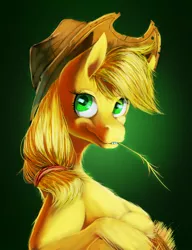 Size: 1024x1336 | Tagged: safe, artist:may-li128, derpibooru import, applejack, earth pony, pony, crossed hooves, female, green background, haystick, mare, simple background, solo