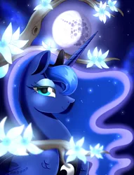 Size: 1066x1396 | Tagged: safe, artist:beanbunn, derpibooru import, princess luna, bust, flower, lidded eyes, mare in the moon, moon, portrait, signature, smiling, solo