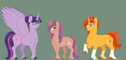 Size: 2023x965 | Tagged: safe, artist:ganashiashaka, derpibooru import, sunburst, twilight sparkle, twilight sparkle (alicorn), oc, oc:dawn dreamer, alicorn, pony, unicorn, cloven hooves, female, glasses, green background, male, mare, offspring, parent:sunburst, parent:twilight sparkle, parents:twiburst, shipping, simple background, straight, twiburst, unshorn fetlocks