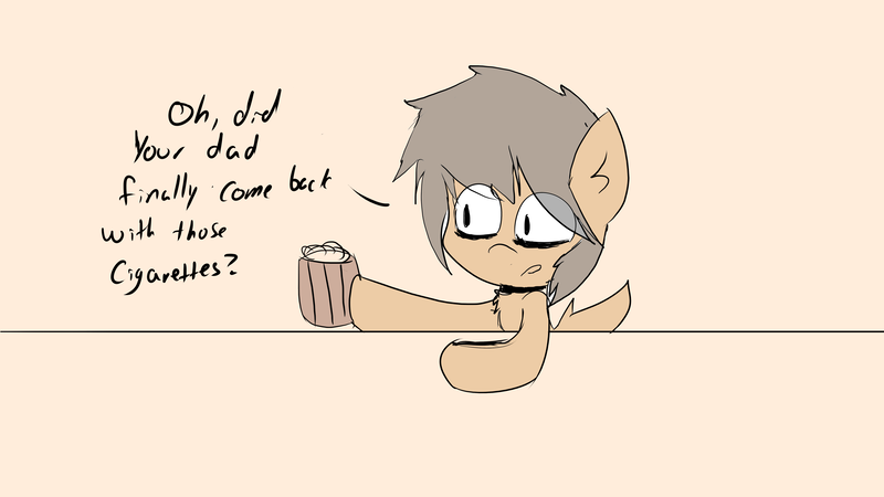 Size: 5120x2880 | Tagged: safe, artist:exxie, derpibooru import, oc, unofficial characters only, earth pony, pony, alcohol, bags under eyes, beer, chest fluff, collar, dialogue, drink, female, filly, flat colors, tavern, text