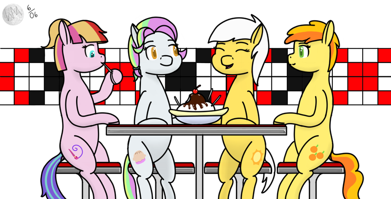 Size: 1920x976 | Tagged: safe, artist:wyntermoon, derpibooru import, coconut cream, peachy pie, sunny daze, toola roola, banana, banana split, colored pupils, cutie mark, dessert, eating, female, filly, foal, food, group, hair tie, ice cream, mare, multicolored hair, request, seat, spoon, table