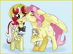 Size: 1346x1000 | Tagged: artist needed, safe, derpibooru import, flim, fluttershy, oc, oc:clover wing, oc:lucky star, pegasus, pony, unicorn, baby, baby pony, butterscotch, buttershim, family, female, flimshy, foal, kiss on the cheek, kissing, male, offspring, parent:butterscotch, parent:shim, r63 shipping, rule 63, shim, shipping, straight, twins