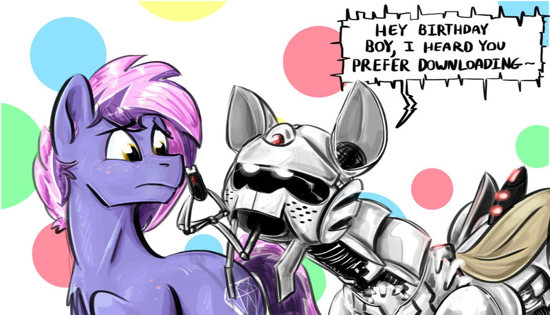 Size: 1524x875 | Tagged: suggestive, artist:testostepone, derpibooru import, oc, oc:berry frost, oc:runtime, pony, robot, robot pony, dialogue, happy birthday, usb