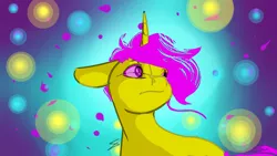 Size: 1280x720 | Tagged: safe, artist:fizzlesoda2000, derpibooru import, oc, unnamed oc, unofficial characters only, pony, unicorn, abstract background, bright colours, eyebrows, eyestrain warning, looking at something, lyrics in the description, needs more saturation, signature, solo, swirly eyes