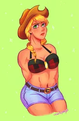 Size: 1033x1581 | Tagged: applejack, artist:cosmicponye, belly button, belt, bra, breasts, busty applejack, clothes, cowboy hat, derpibooru import, female, freckles, hands behind back, hat, human, humanized, looking at you, midriff, safe, shorts, simple background, solo, stetson, thoughtful, underwear