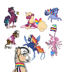 Size: 2000x2200 | Tagged: safe, artist:jackiebloom, derpibooru import, oc, oc:ambrosia apple, oc:aurora, oc:disco inferno, oc:kinyume, oc:twilight moonstone, oc:zap apple, unofficial characters only, earth pony, hybrid, mule, pegasus, pony, unicorn, zony, apple, asexual pride flag, blaze (coat marking), bow, clothes, female, food, hair bow, high res, leonine tail, lesbian pride flag, magical lesbian spawn, male, mare, mouth hold, offspring, pansexual pride flag, parent:applejack, parent:coloratura, parent:daring do, parent:pinkie pie, parent:rarity, parent:twilight sparkle, parent:zecora, parents:daringcora, parents:rarajack, parents:rarilight, pegamule, pride, pride flag, prone, rearing, simple background, socks (coat marking), sweater, tail bow, transparent background, upside down, zap apple