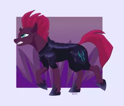 Size: 2035x1750 | Tagged: safe, artist:marderskadi, derpibooru import, tempest shadow, pony, unicorn, abstract background, angry, armor, broken horn, female, grin, smiling, solo, walking