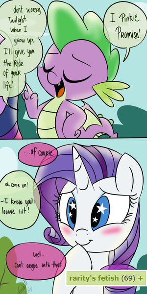 Size: 500x999 | Tagged: suggestive, artist:emositecc, derpibooru import, edit, editor:gutovi, rarity, spike, twilight sparkle, twilight sparkle (alicorn), alicorn, dragon, pony, unicorn, molt down, blushing, comic, female, implied shipping, implied sparity, implied straight, implied twispike, innuendo, male, pinkie promise, rarity's fetish, starry eyes, wingding eyes, winged spike