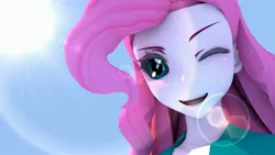 Size: 3840x2160 | Tagged: safe, artist:derxx, derpibooru import, pinkie pie, equestria girls, 3d, anime, cinema4d, female, flare, happy, looking at you, one eye closed, open mouth, solo, starry eyes, wingding eyes, wink