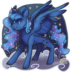 Size: 1920x1920 | Tagged: safe, artist:ebonytails, derpibooru import, princess luna, alicorn, pony, chibi, cloud, female, mare, simple background, solo, transparent background