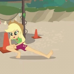 Size: 370x370 | Tagged: safe, derpibooru import, screencap, applejack, equestria girls, equestria girls series, turf war, animated, barefoot, beach, clothes, cone, cropped, exercise, feet, legs, loop, sand, shorts, solo, stretching