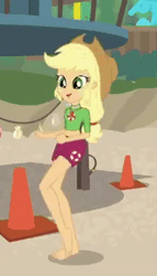 Size: 220x384 | Tagged: safe, derpibooru import, screencap, applejack, equestria girls, equestria girls series, turf war, animated, barefoot, clothes, cropped, feet, geode of super strength, legs, loop, magical geodes, running, running in place, shorts, solo
