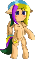 Size: 690x1169 | Tagged: safe, artist:ppptly, derpibooru import, oc, oc:program mouse, unofficial characters only, pegasus, pony, :3, blushing, cute, ear fluff, female, floppy ears, hairclip, mare, simple background, smiling, solo, standing, transparent background