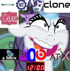 Size: 376x381 | Tagged: suggestive, derpibooru import, mean rarity, rarity, twilight sparkle, twilight sparkle (alicorn), alicorn, pony, unicorn, the mean 6, caption, clone, crazy face, expand dong, exploitable meme, faic, glowing horn, image macro, meme, messy mane