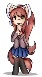 Size: 423x761 | Tagged: safe, artist:deraniel, derpibooru import, ponified, pony, bow, clothes, cute, doki doki literature club, monika, pleated skirt, ponytail, simple background, skirt, socks, solo, stockings, thigh highs, transparent background, zettai ryouiki