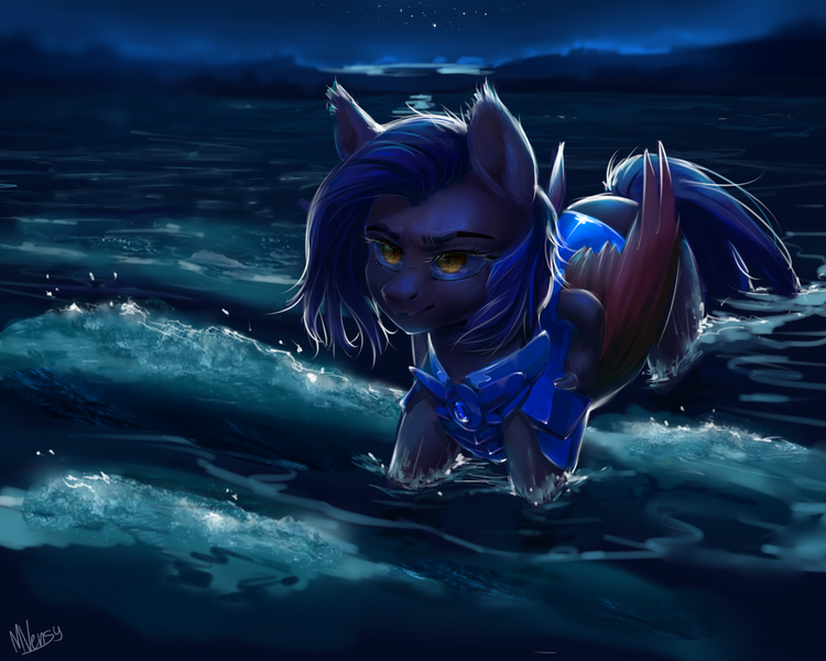 Size: 1280x1024 | Tagged: safe, artist:vensual99, derpibooru import, oc, oc:dawn sentry, unofficial characters only, bat pony, bat wings, female, mare, night, rcf community, solo, standing in water, water, wet, wet mane, wings