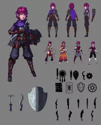 Size: 1024x1271 | Tagged: alternate costumes, armor, artist:sunset tide, assassin, dead source, derpibooru import, fantasy class, female, gray background, human, humanized, knife, safe, scootaloo, shield, simple background, solo, species swap, wing ears