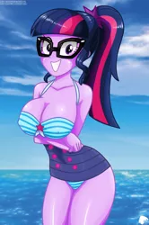 Size: 1440x2168 | Tagged: suggestive, artist:aboimages03, derpibooru import, sci-twi, twilight sparkle, equestria girls, equestria girls series, forgotten friendship, beach, big breasts, breasts, busty sci-twi, busty twilight sparkle, clothes, erect nipples, female, glasses, grin, nipple outline, ponytail, sexy, smiling, solo, solo female, swimsuit