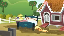 Size: 1920x1080 | Tagged: safe, derpibooru import, screencap, applejack, earth pony, pig, pony, 28 pranks later, bed, faceplant, female, house, mare, mud, mug, pigsty