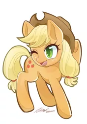 Size: 908x1284 | Tagged: safe, artist:bbtasu, derpibooru import, applejack, earth pony, pony, cowboy hat, female, hat, mare, one eye closed, simple background, solo, white background