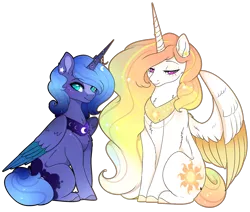Size: 2593x2203 | Tagged: safe, artist:petergriffinschin, derpibooru import, princess celestia, princess luna, alicorn, pony, chest fluff, colored wings, cute, duo, female, fluffy, folded wings, horn accessory, jewelry, lidded eyes, looking at you, mare, necklace, royal sisters, simple background, sitting, spread wings, transparent background, wings