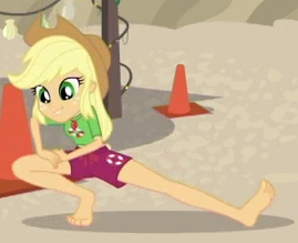 Size: 269x219 | Tagged: safe, derpibooru import, screencap, applejack, equestria girls, equestria girls series, turf war, barefoot, beach, clothes, cropped, feet, geode of super strength, legs, lifeguard, magical geodes, sand, shorts, solo, stretching