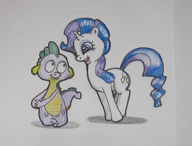 Size: 625x475 | Tagged: safe, artist:hillbe, derpibooru import, rarity, spike, blushing, female, male, shipping, sparity, standing, straight, traditional art