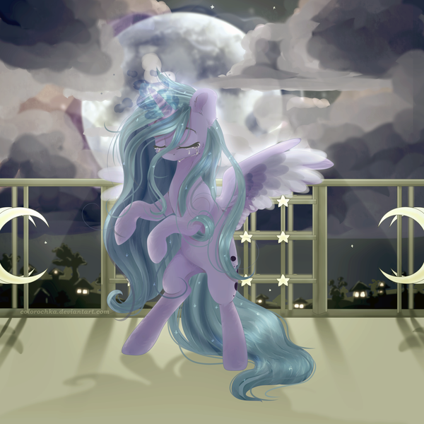 Size: 1280x1280 | Tagged: safe, artist:colorochka, derpibooru import, princess luna, alicorn, pony, balcony, crying, eyes closed, female, glowing horn, mare, moon, night, rearing, s1 luna, solo