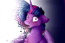 Size: 4490x3000 | Tagged: safe, artist:petergriffinschin, derpibooru import, twilight sparkle, twilight sparkle (alicorn), alicorn, pony, abuse, avengers: infinity war, disintegration, female, gradient background, i don't feel so good, imminent death, implied death, looking at you, mare, open mouth, shocked, solo, spoilers for another series, twilybuse