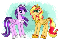 Size: 1024x696 | Tagged: safe, artist:spokenmind93, derpibooru import, starlight glimmer, sunset shimmer, alicorn, pony, fanfic:my little pony: the unexpected future, alicornified, alternate universe, clothes, crown, duo, female, gold, jewelry, mare, princess starlight glimmer, queen sunset shimmer, race swap, regalia, shimmercorn, shoes, signature, silver, simple background, starlicorn, transparent background, watermark, xk-class end-of-the-world scenario