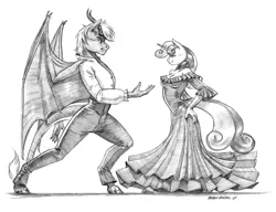 Size: 1400x1076 | Tagged: safe, artist:baron engel, derpibooru import, sweetie belle, oc, anthro, dragon, unicorn, anthro oc, canon x oc, clothes, dancing, dress, female, flamenco, grayscale, looking at each other, male, mare, monochrome, older, older sweetie belle, pants, pencil drawing, shirt, simple background, smiling, straight, traditional art, white background