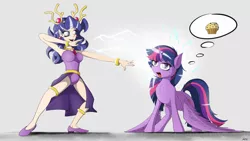 Size: 7600x4275 | Tagged: safe, artist:maneingreen, derpibooru import, twilight sparkle, twilight sparkle (alicorn), alicorn, stantler, absurd resolution, armpits, brainwashed, derpified, food, magic, mind control, muffin, tongue out, witch
