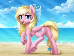 Size: 1200x900 | Tagged: safe, artist:scheadar, derpibooru import, oc, oc:bay breeze, unofficial characters only, pegasus, pony, beach, bow, commission, female, hair bow, looking at you, mare, solo, tail bow, underhoof